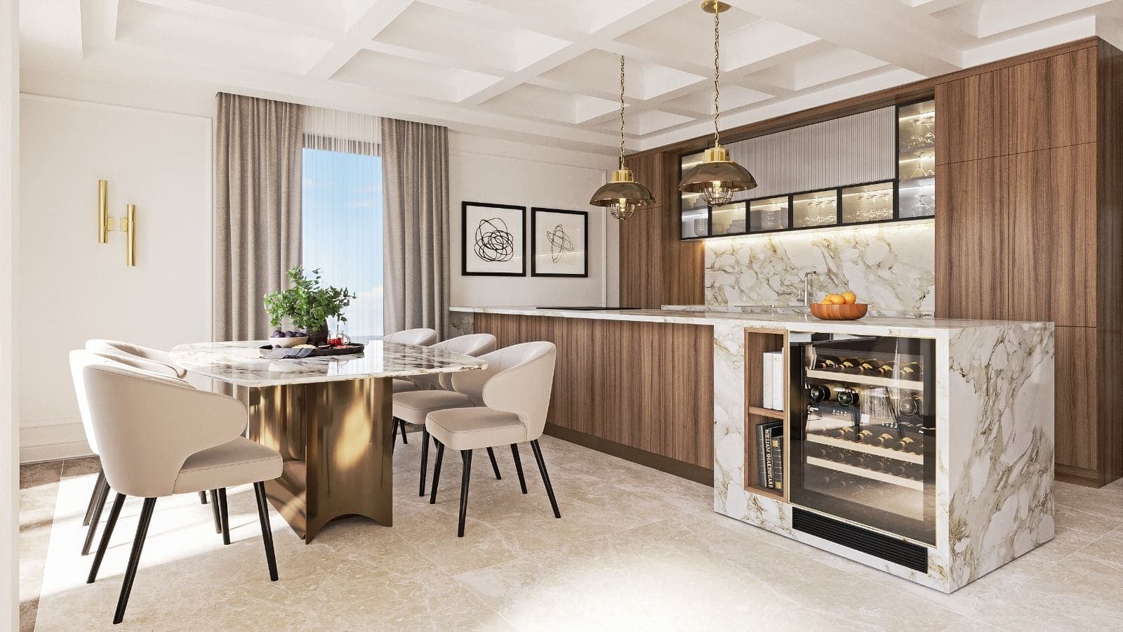 Современная кухня-столовая с мраморным островом и винным шкафом на вилле в Близикуче, Черногория. Премиальный интерьер.