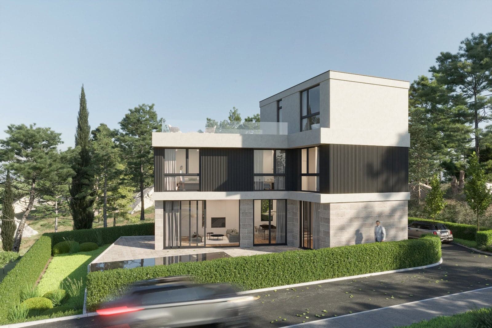 Современная вилла в Крымовице, Черногория: трехэтажный дом с панорамными окнами, террасой и ландшафтным дизайном.