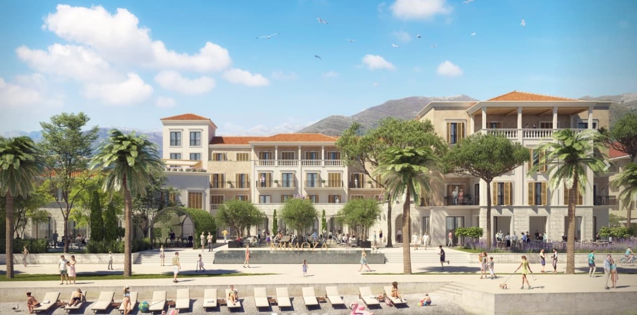 Визуализация отеля Mimoza в Тивате, Черногория: пляж с шезлонгами, ландшафтный дизайн, террасы и вид на горы.