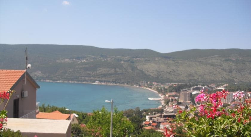 Панорамный вид на море и горы с террасы дома в Герцег-Нови, Черногория, с цветущими растениями на переднем плане.