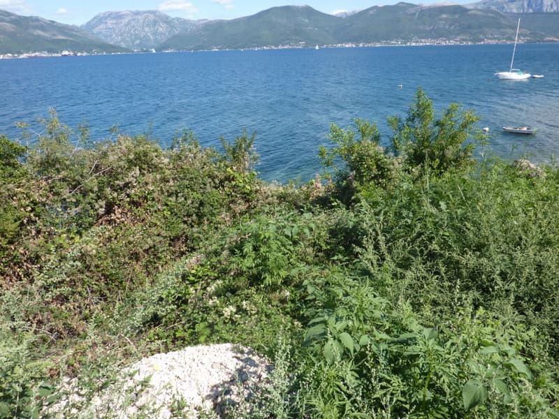 Земельный участок в Крашичи, Черногория: панорамный вид на море, горы и яхты с территории объекта.