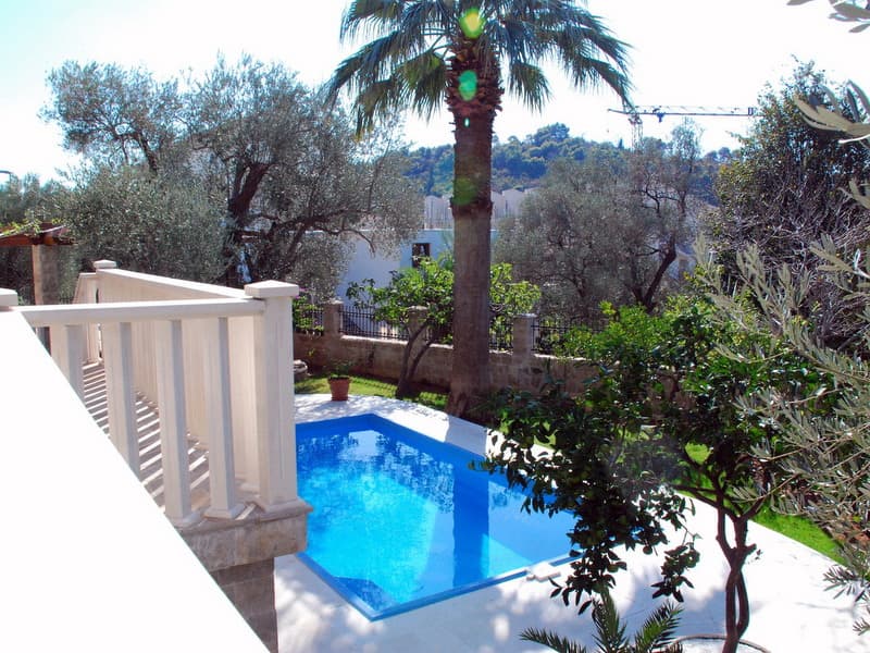 Частный бассейн и терраса с пальмами на вилле в Петроваце, Черногория, вид на зеленый сад и оливковые деревья.