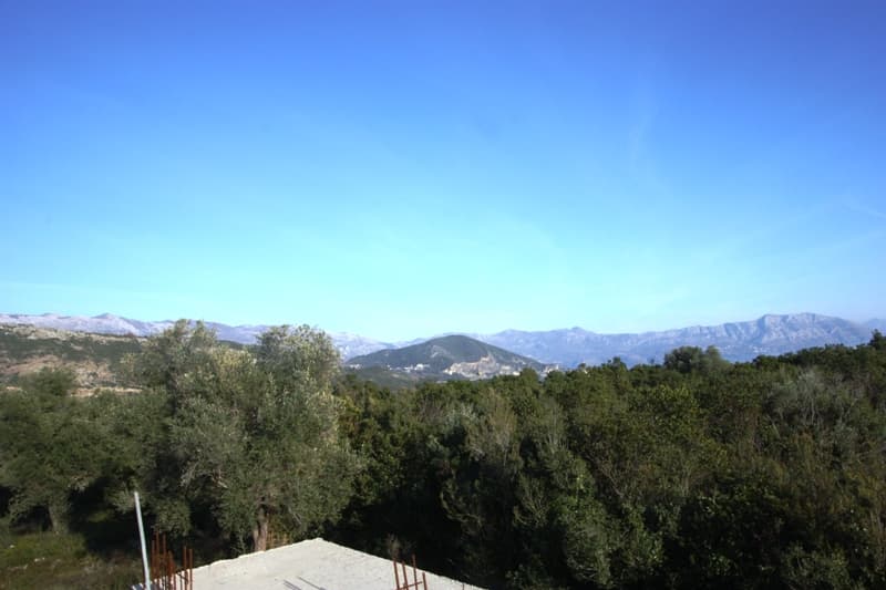 Панорамный вид на горы и зеленый лес с земельного участка в поселке Крымовица, Черногория.