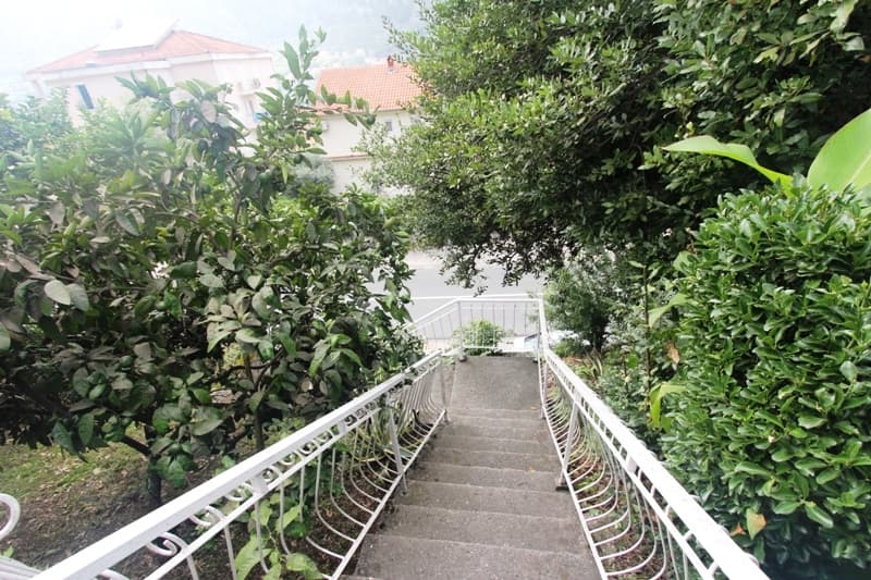 Бетонная лестница с белыми перилами в окружении цитрусовых деревьев у апартаментов в Доброте, Черногория.
