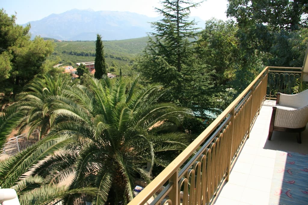 Вид с балкона квартиры в Радовичи, Черногория: плетеное кресло, пальмы и панорамный пейзаж на горы и зелень.