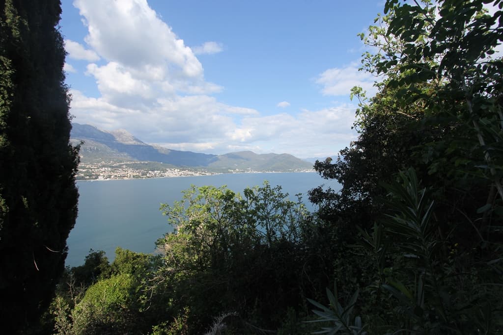 Панорамный вид на Которский залив и горы с земельного участка в Нивице, Черногория: зелень, море и прибрежный город.