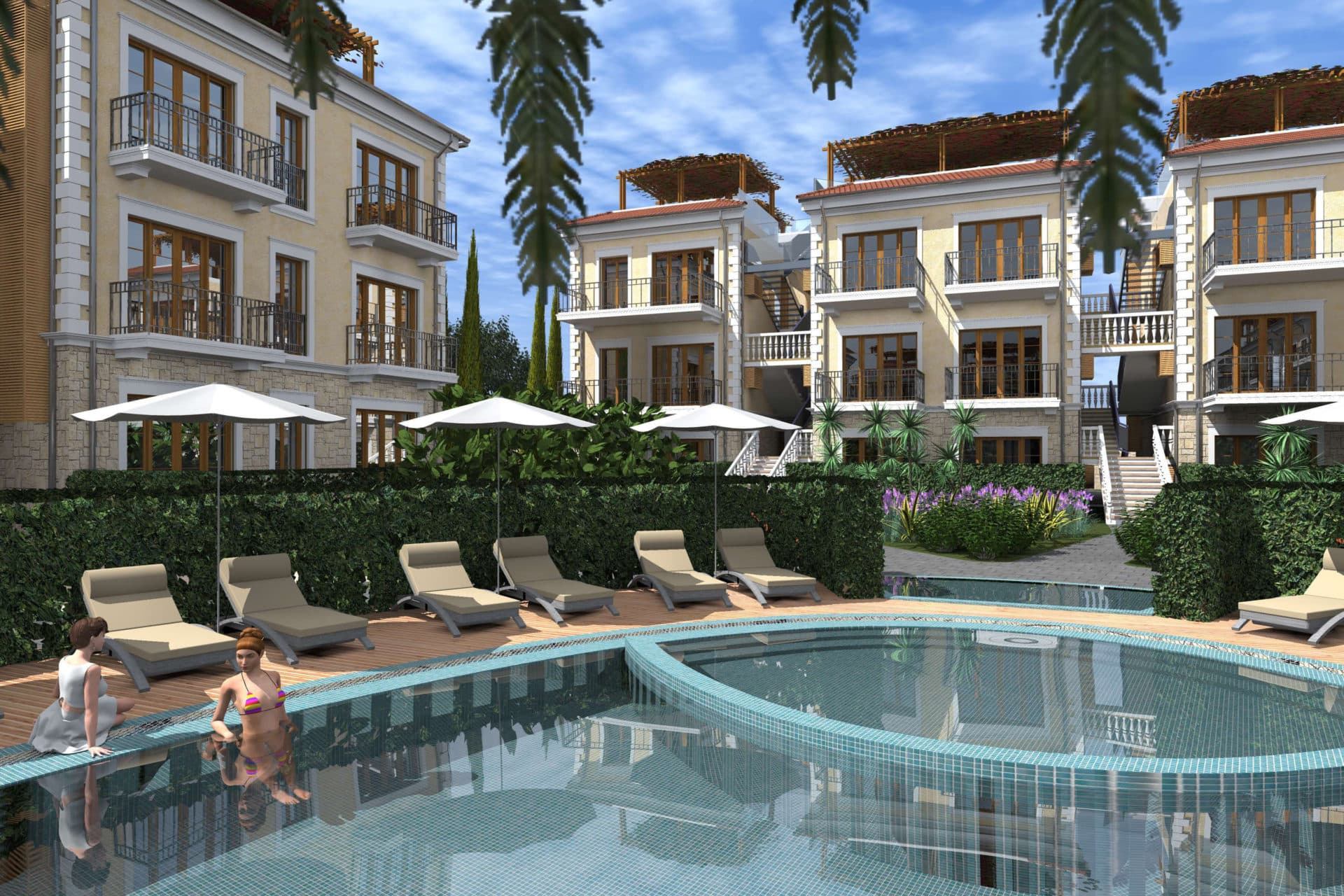 Визуализация жилого комплекса с бассейном, шезлонгами и террасами в Рисане, Черногория: проект застройки участка №463