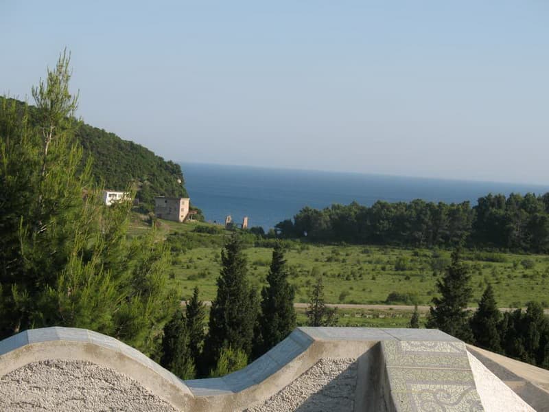 Панорамный вид на море и зеленые холмы с террасы дома в Сутоморе, Черногория. Вид на побережье и хвойный лес.