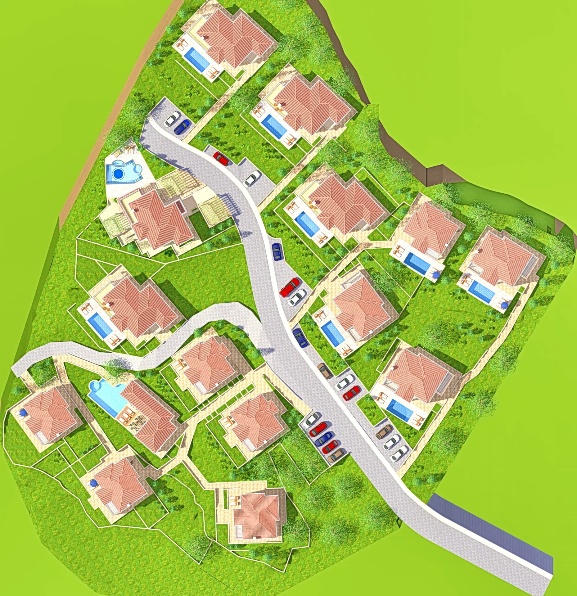 Генплан коттеджного поселка с виллами, бассейнами и парковкой в Каменово, Черногория: вид сверху на земельный участок.