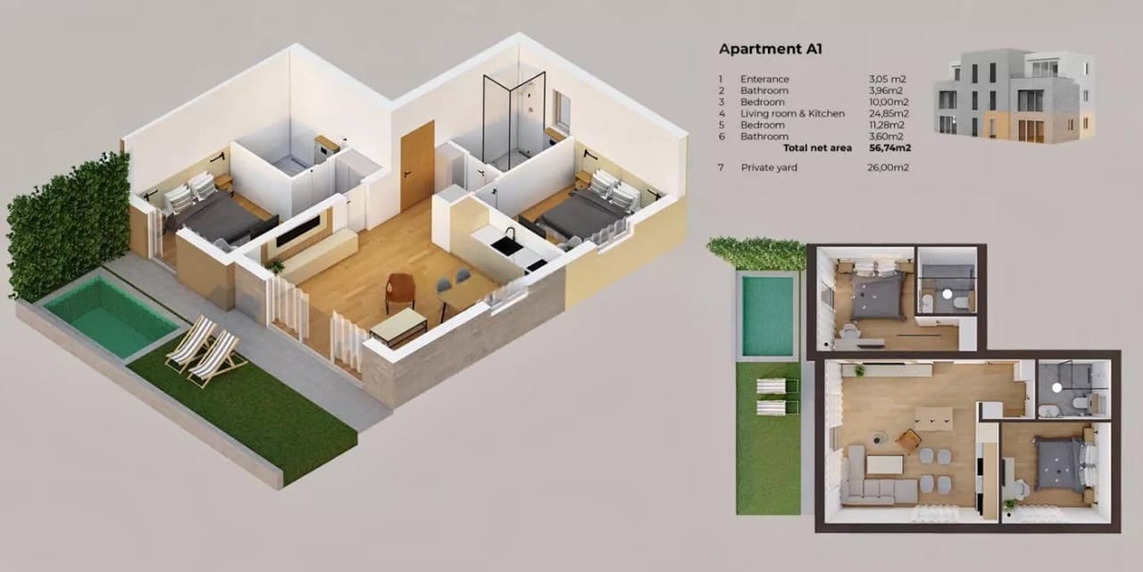 3D floor plan of a 56 m² apartment with two bedrooms, a private yard, and a pool in Stoliv, Montenegro.