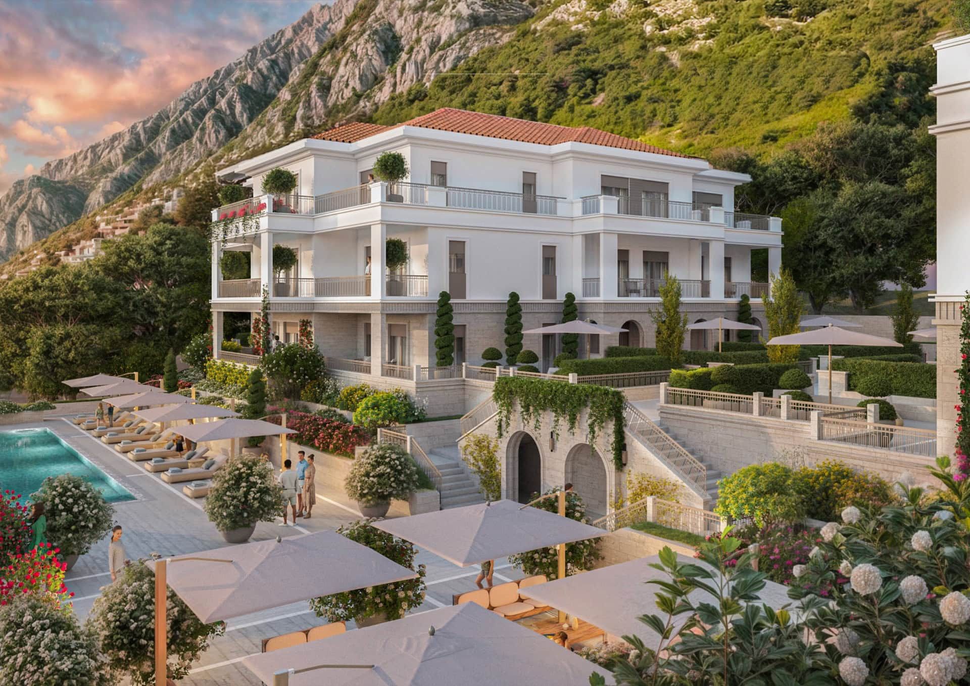 Luxury residential complex in Ljuta, Montenegro: villa with a pool, terraces, and landscaped grounds against a mountain backdrop.