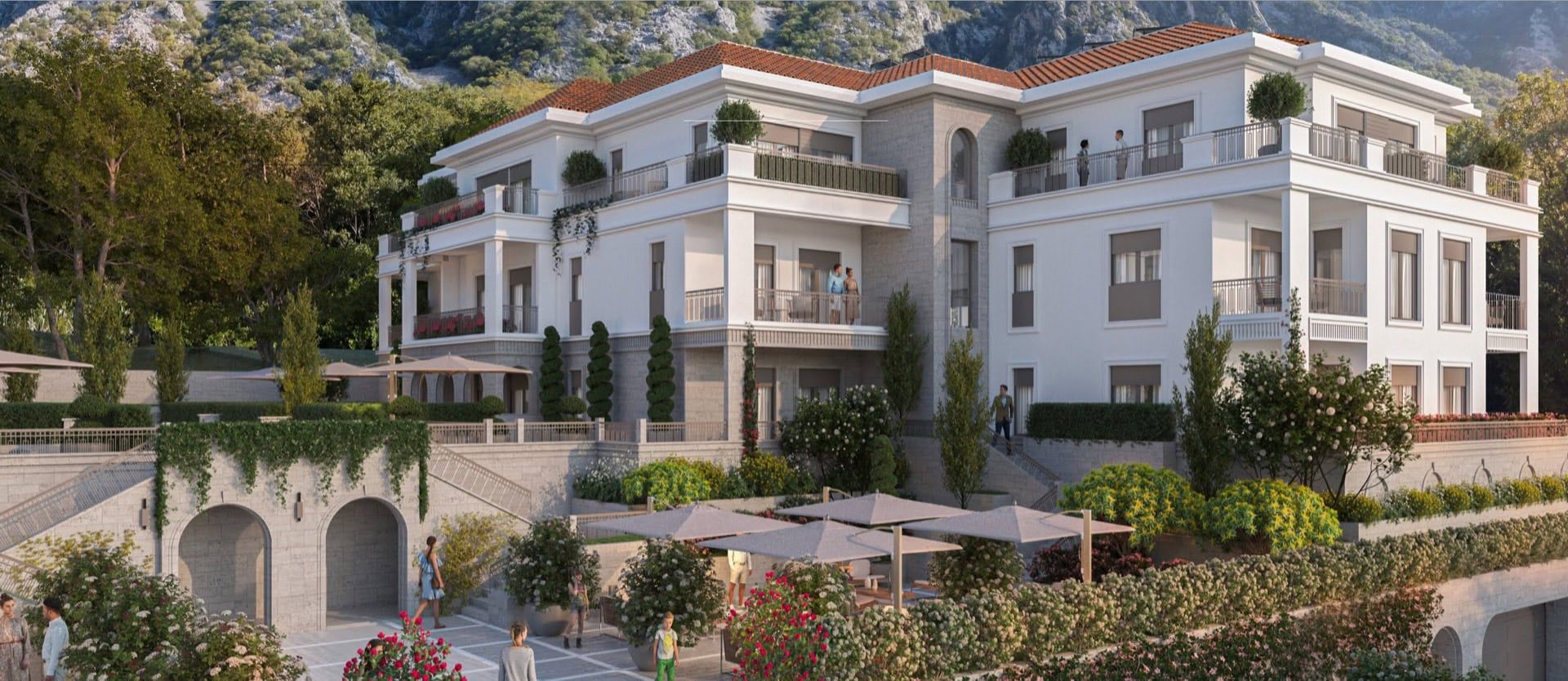 Luxury residential complex in Ljuta, Montenegro: a modern villa with terraces, a landscaped garden, and mountain views.