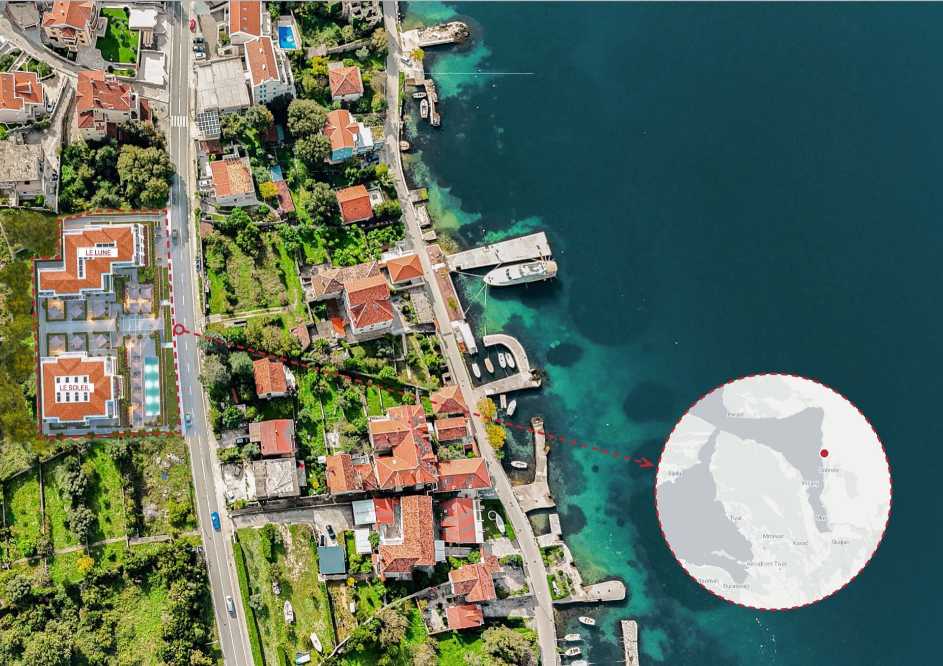 Aerial view of the Le Lune and Le Soleil residential complex in Luštica, Montenegro, overlooking the coast of the Bay of Kotor.