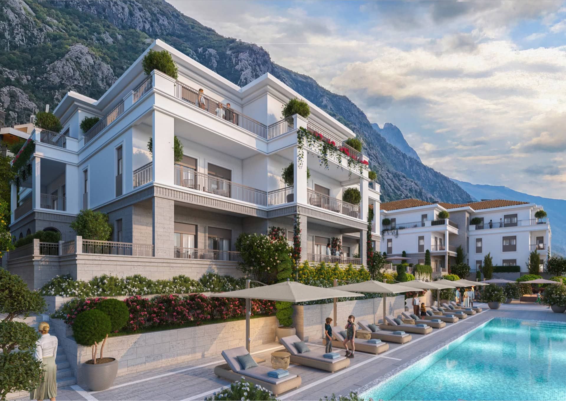 Luxury residential complex in Ljuta, Montenegro: a modern villa with a pool, terraces, and mountain views.