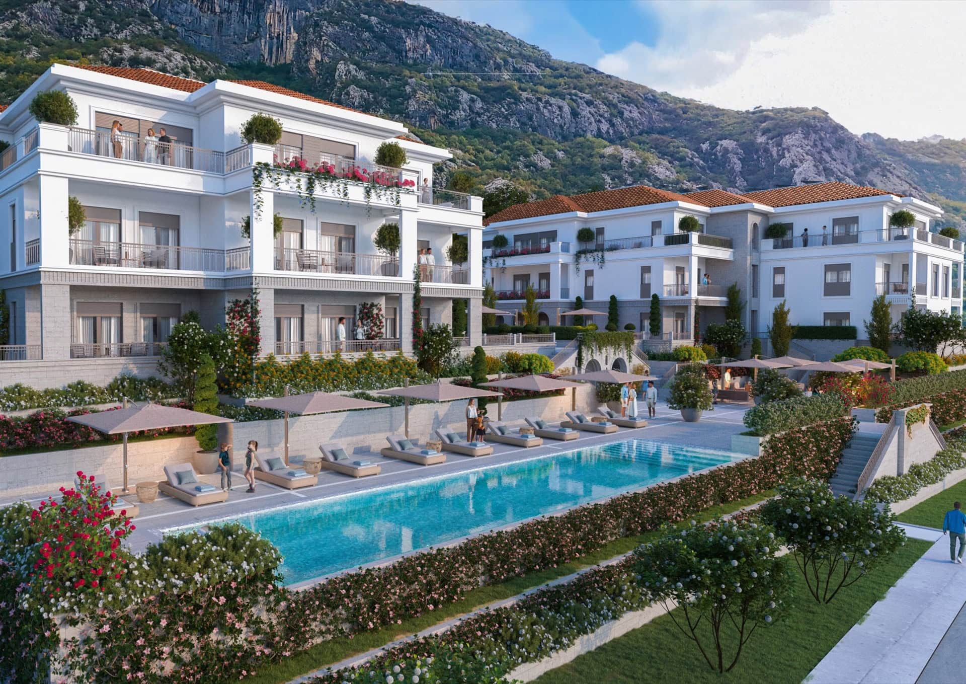 Residential complex in Ljuta, Montenegro: a modern villa with a pool, terraces, and mountain views in an upscale area.