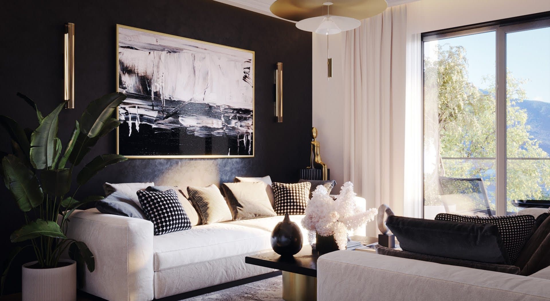 Living room design in the Lyuta residential complex, Montenegro: light sofa, black accent wall, decor, and panoramic mountain view.