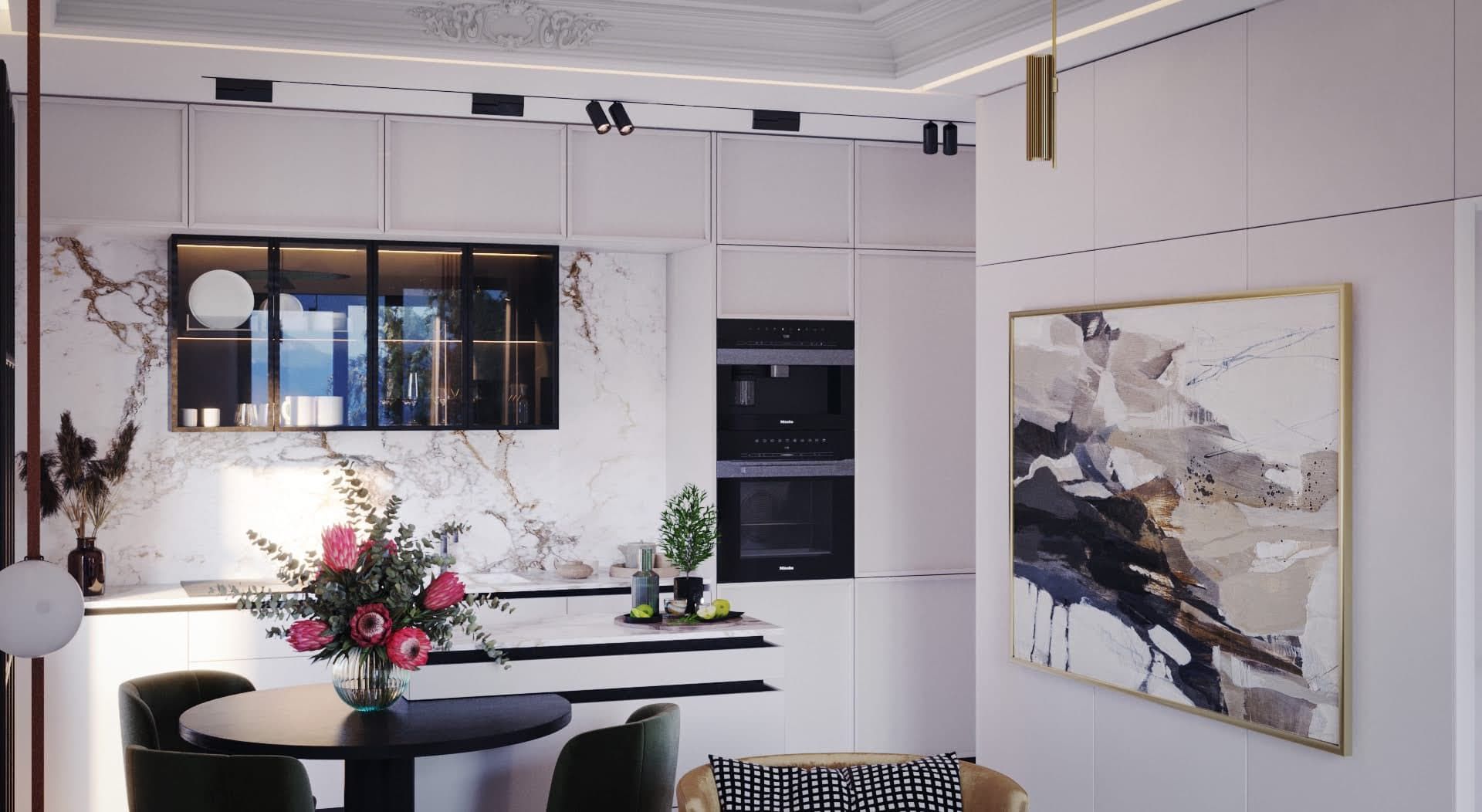 Modern kitchen with a marble backsplash and built-in appliances in a luxury residential complex in Luštica, Montenegro.