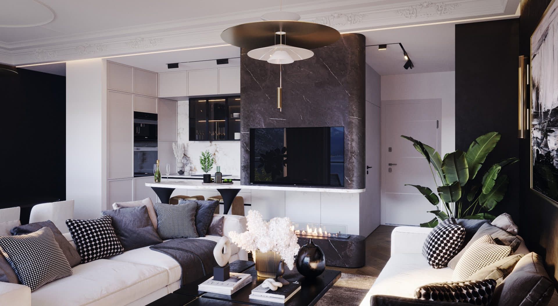 Modern living room with marble finishes and a fireplace in a luxury residential complex, Ljuta, Montenegro.