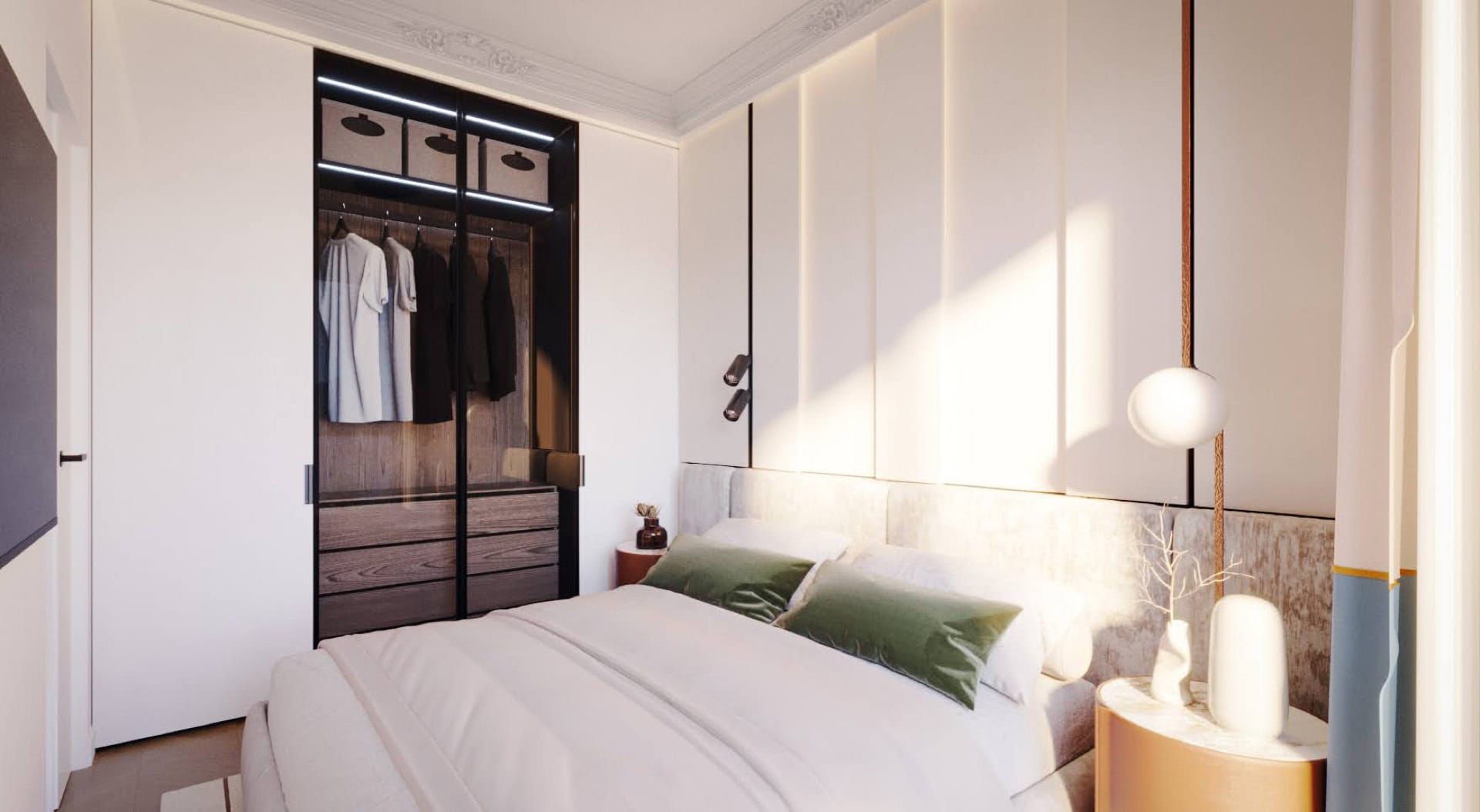 Modern bedroom with a walk-in closet in the Lyuta residential complex, Montenegro: bright interior, double bed, and stylish decor.