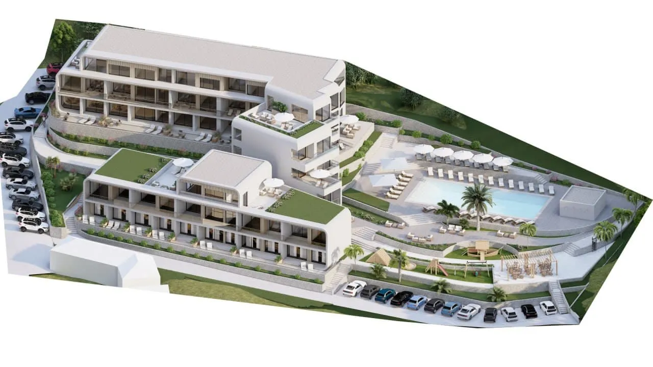Architectural rendering of a multi-story residential complex featuring a pool, balconies, and parking.