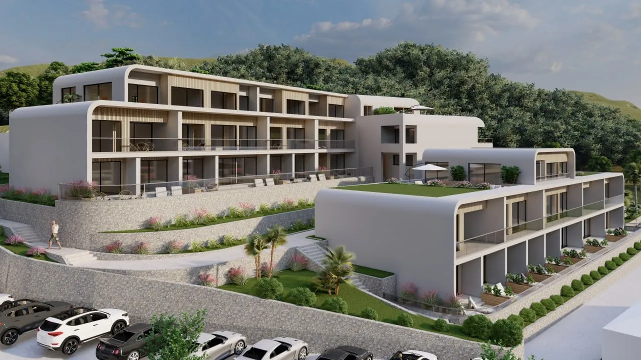 Architectural rendering of a multi-story residential complex with balconies, terraces, and parking against hills.