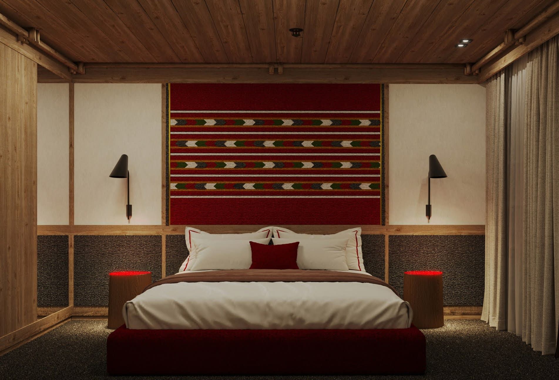 Bedroom design in the Kolasin residential complex, Montenegro: wood finishes, a bed with red decor, and an ethnic rug.