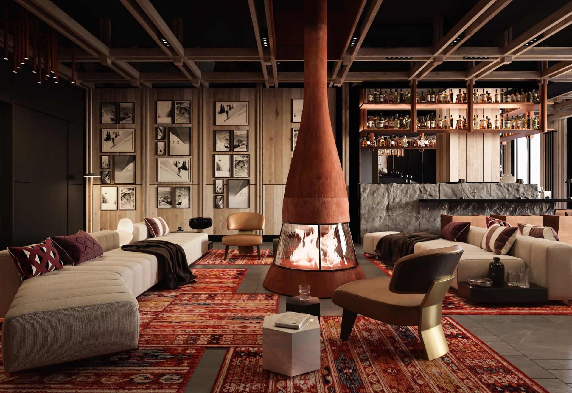 Designer living room with a fireplace in a residential complex, Kolašin, Montenegro: soft seating, wood finishes, and a bar.