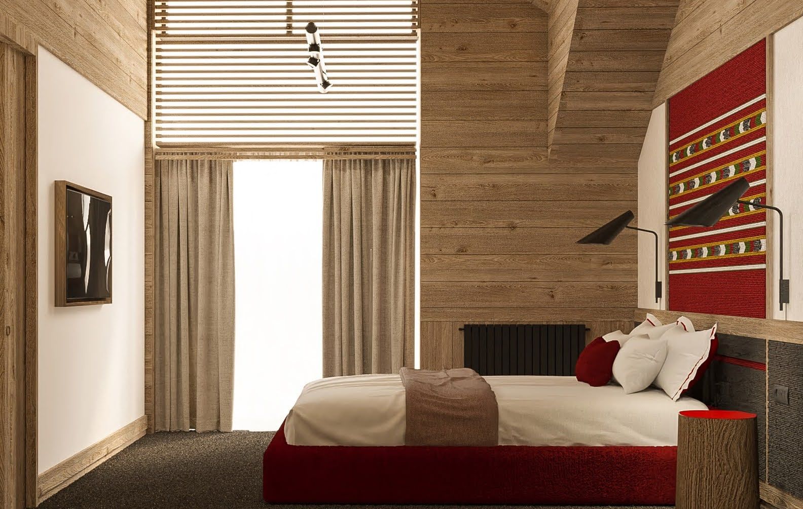 Bedroom design with wood finishes in a residential complex in Kolašin, Montenegro: a double bed and ethnic decor.