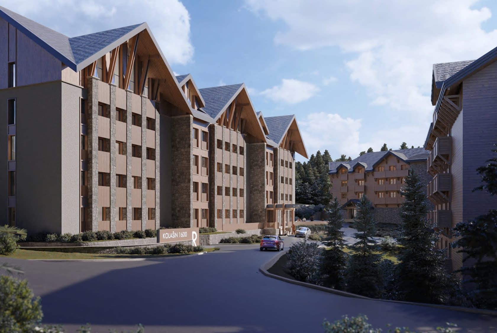 Modern residential complex in the mountains of Kolašin, Montenegro: stone and wood facade, view of the Kolašin 1600 mountain resort.