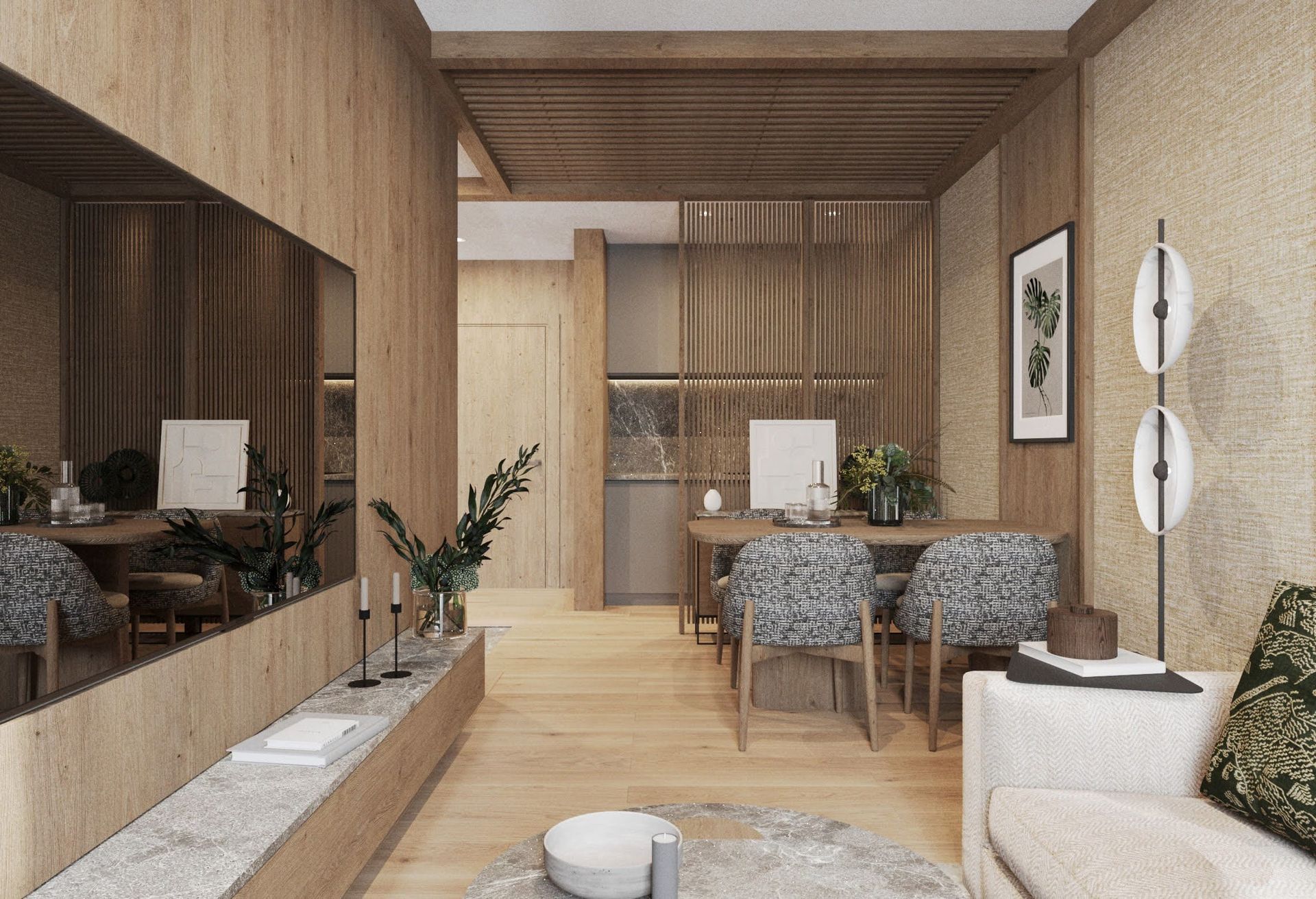 Living room interior design in eco style with wood finishes in a residential complex, Kolasin, Montenegro.