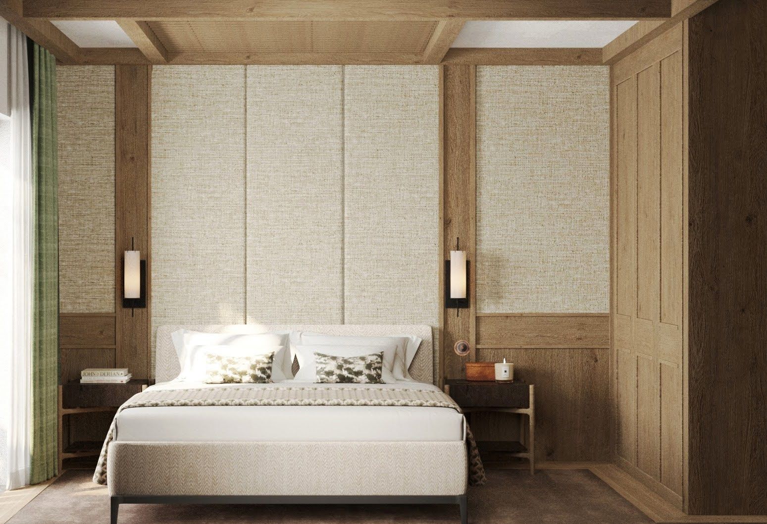 Modern bedroom in the Kolasin residential complex, Montenegro: wood finishes, a soft headboard, and a stylish interior.