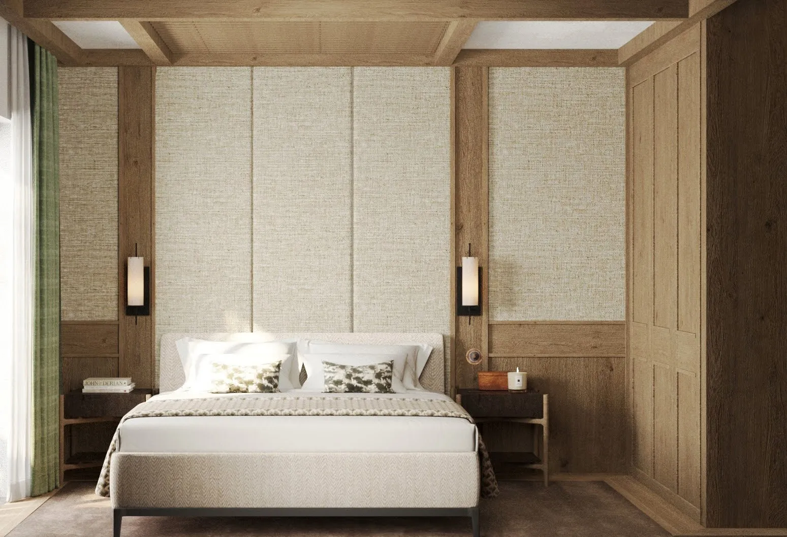 Modern bedroom featuring a wooden coffered ceiling, textured wall behind the bed, and matching nightstands.