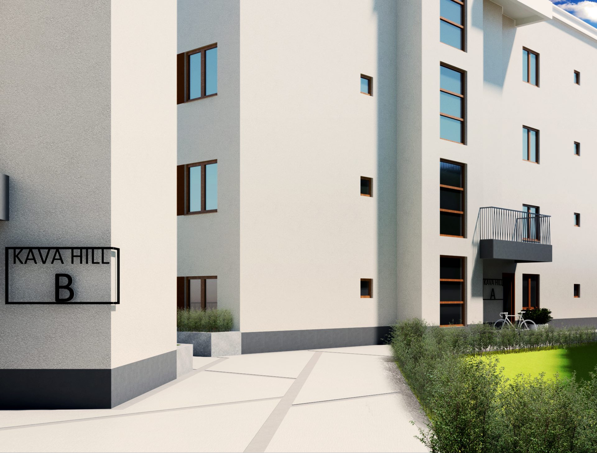 Modern residential complex Kava Hill in Tivat, Montenegro: light facade, panoramic windows, and landscaped grounds.