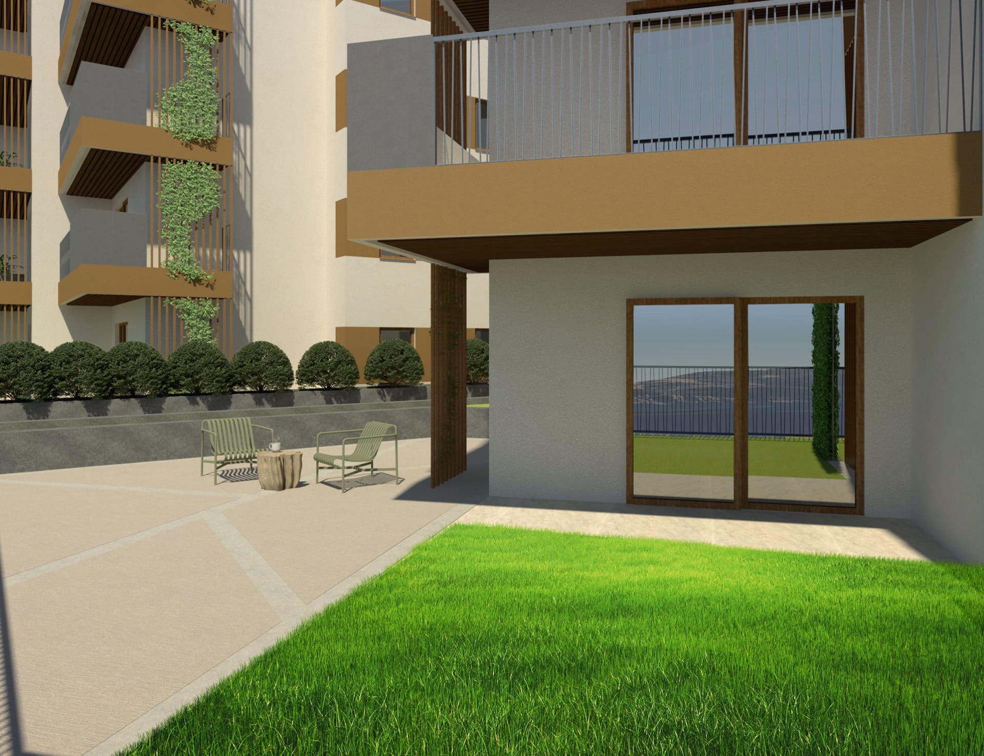 Modern apartment with a terrace and sea view in a residential complex in Tivat, Montenegro: landscape design and garden.