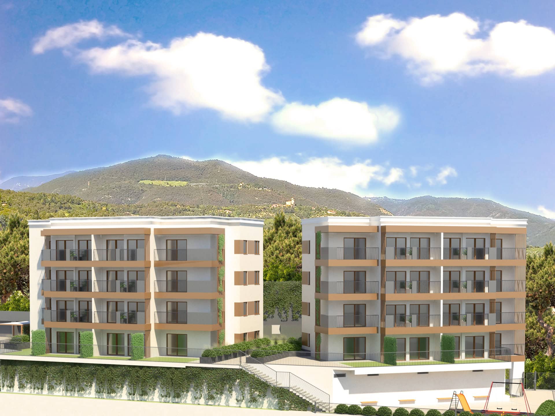 Modern residential complex in Tivat, Montenegro: two four-story buildings with balconies against a mountain backdrop.