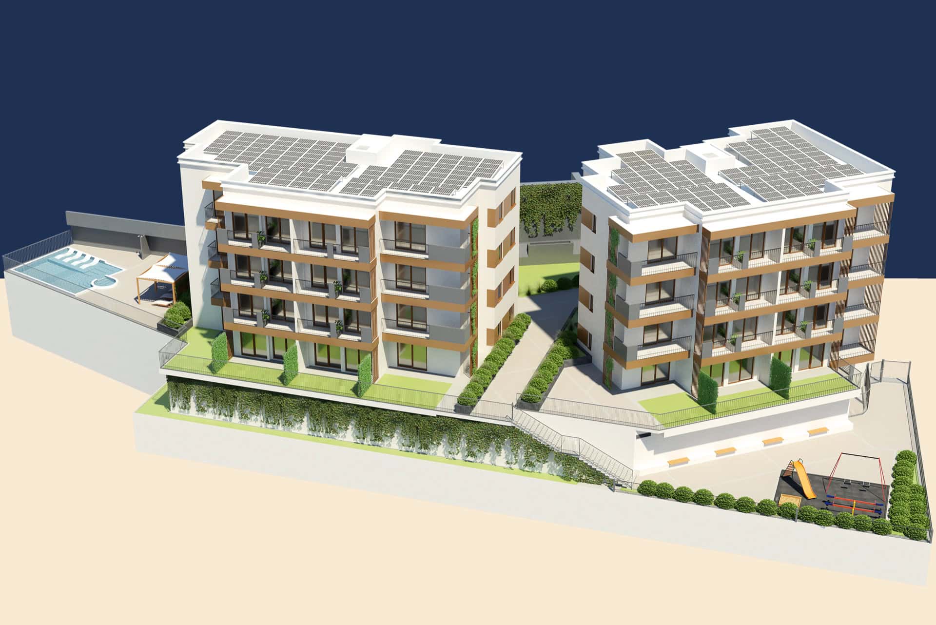3D visualization of a residential complex in Tivat, Montenegro: modern buildings with a pool, terraces, and a playground.