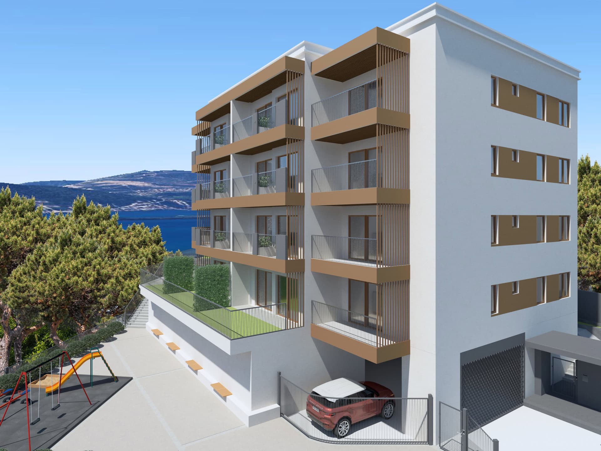 Modern residential complex with balconies and sea view in Tivat, Montenegro: exterior with parking and playground