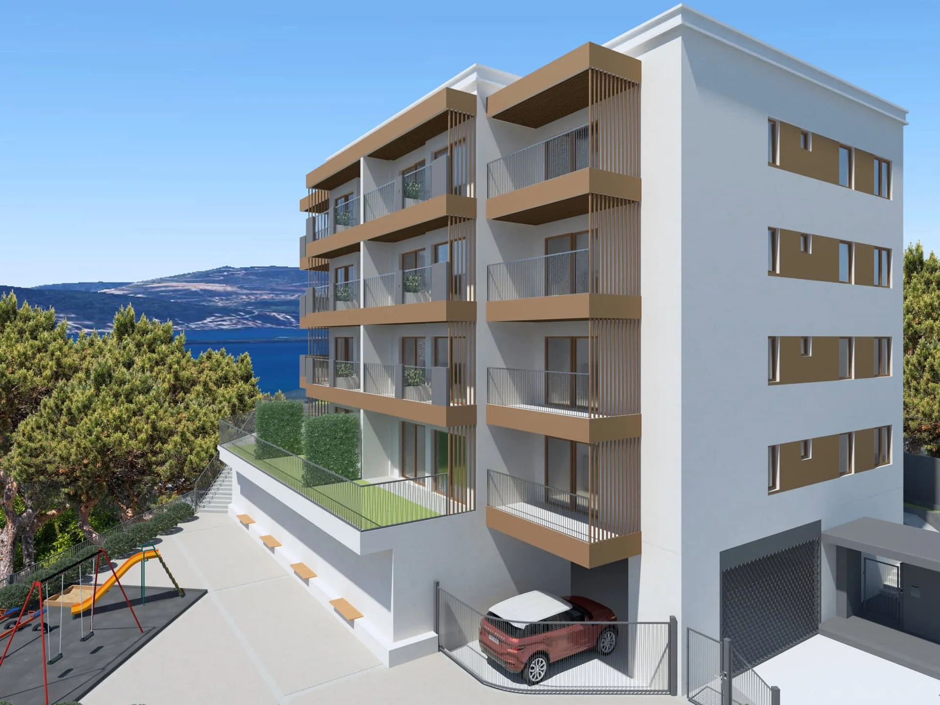 Modern apartment building with balconies and sea view parking. Features a playground, greenery, and contemporary architectural design.