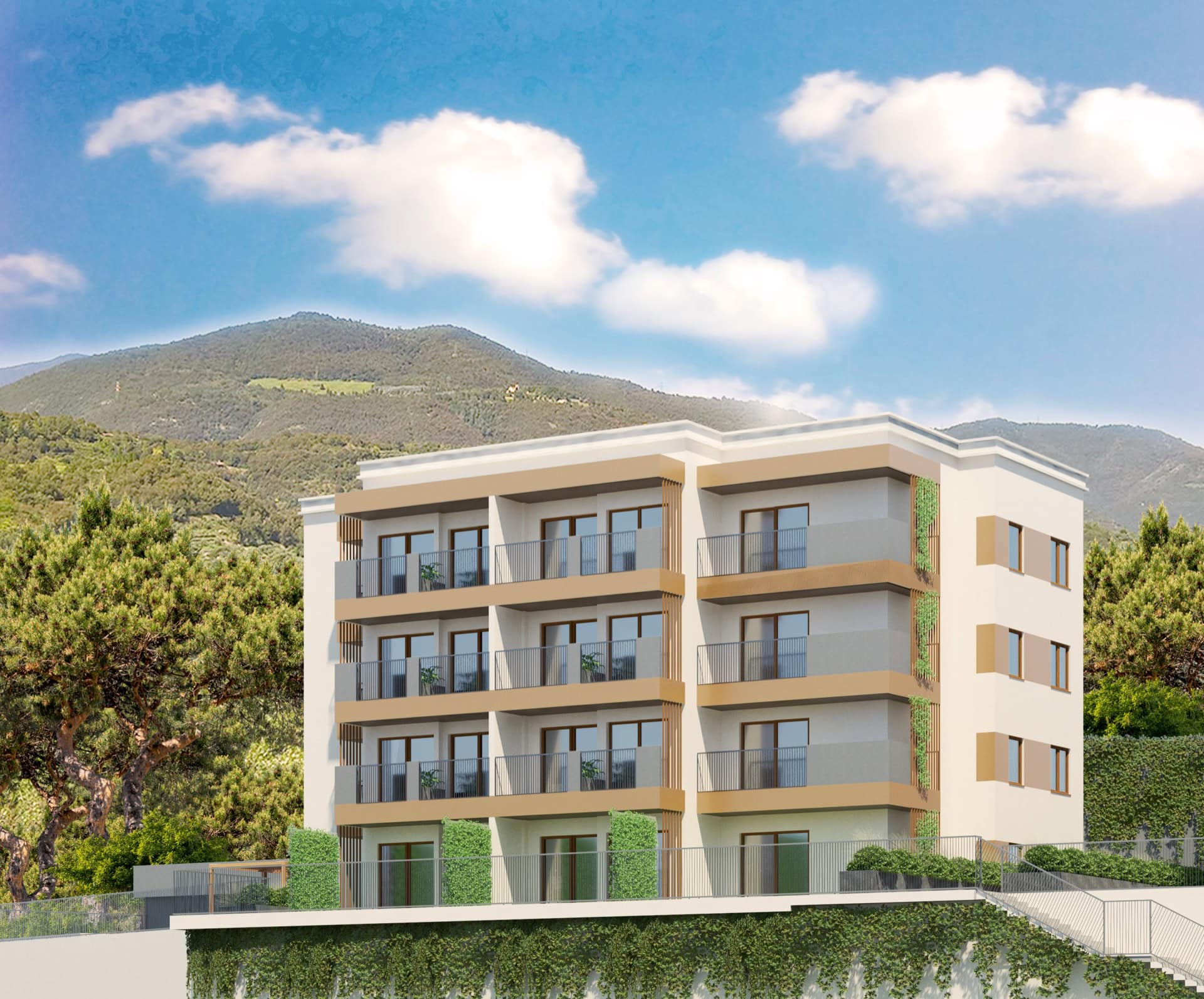 Modern residential complex in Tivat, Montenegro: a 4-story building with terraces and panoramic views of the mountains and greenery.