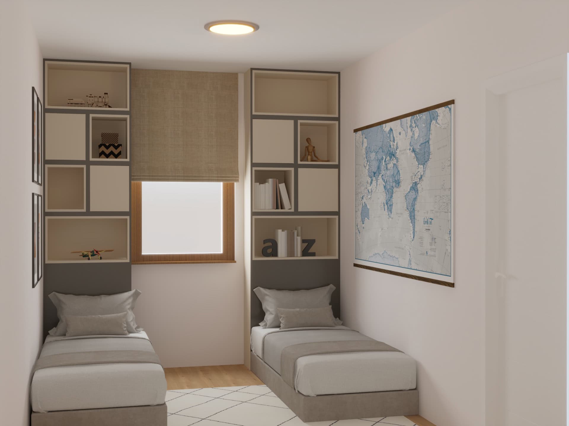 Children’s bedroom design with two beds and built-in shelving in an apartment, Tivat, Montenegro.
