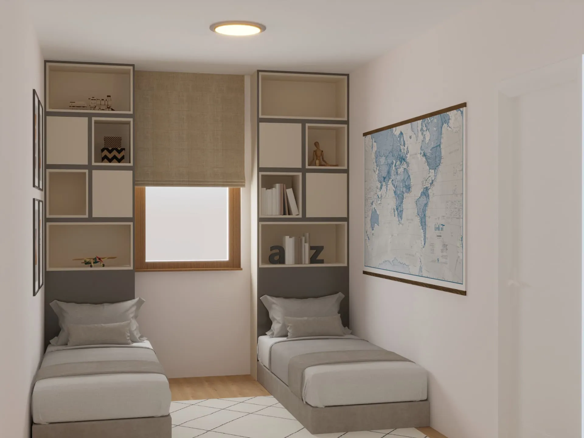 Modern children's bedroom featuring two single beds, built-in shelving units, and a large world map poster on the wall.