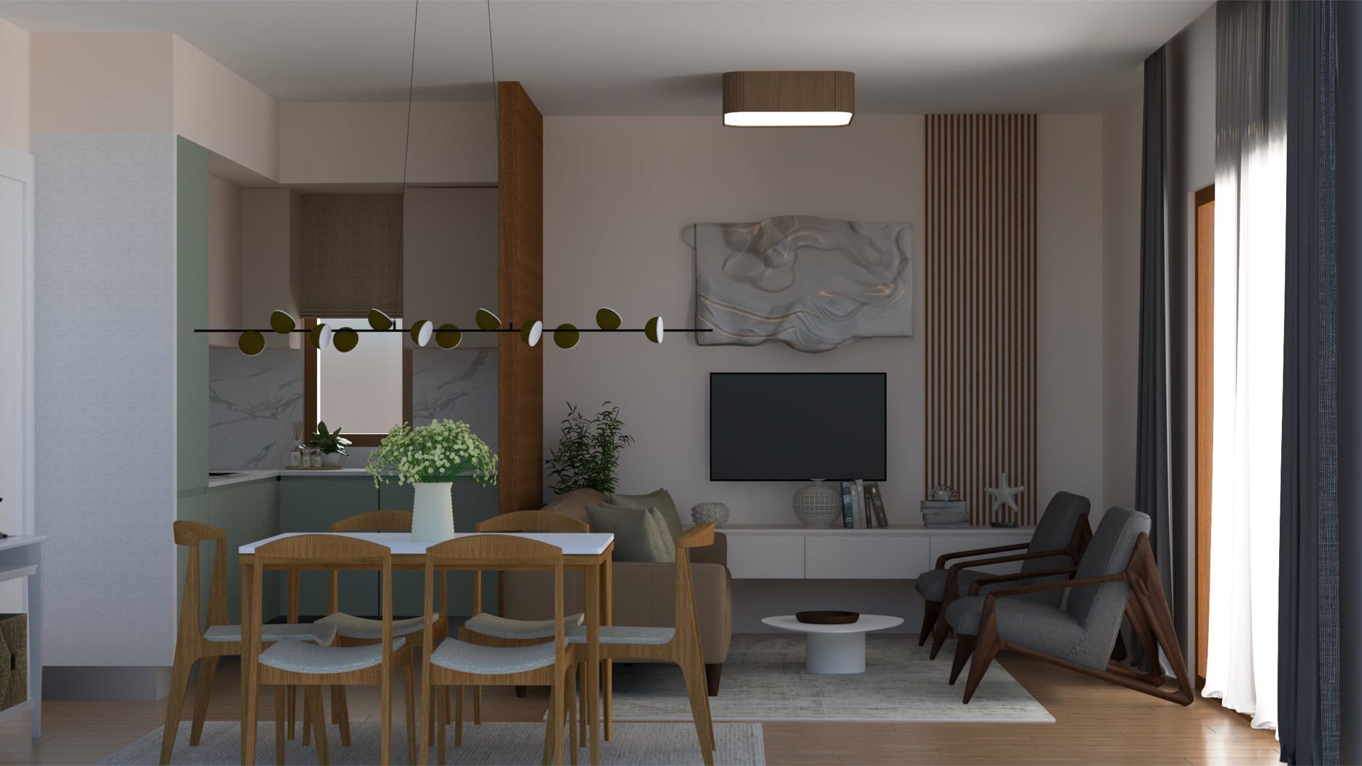 Modern living room with dining area in an apartment, Tivat, Montenegro: stylish furniture, decor, and panoramic windows.