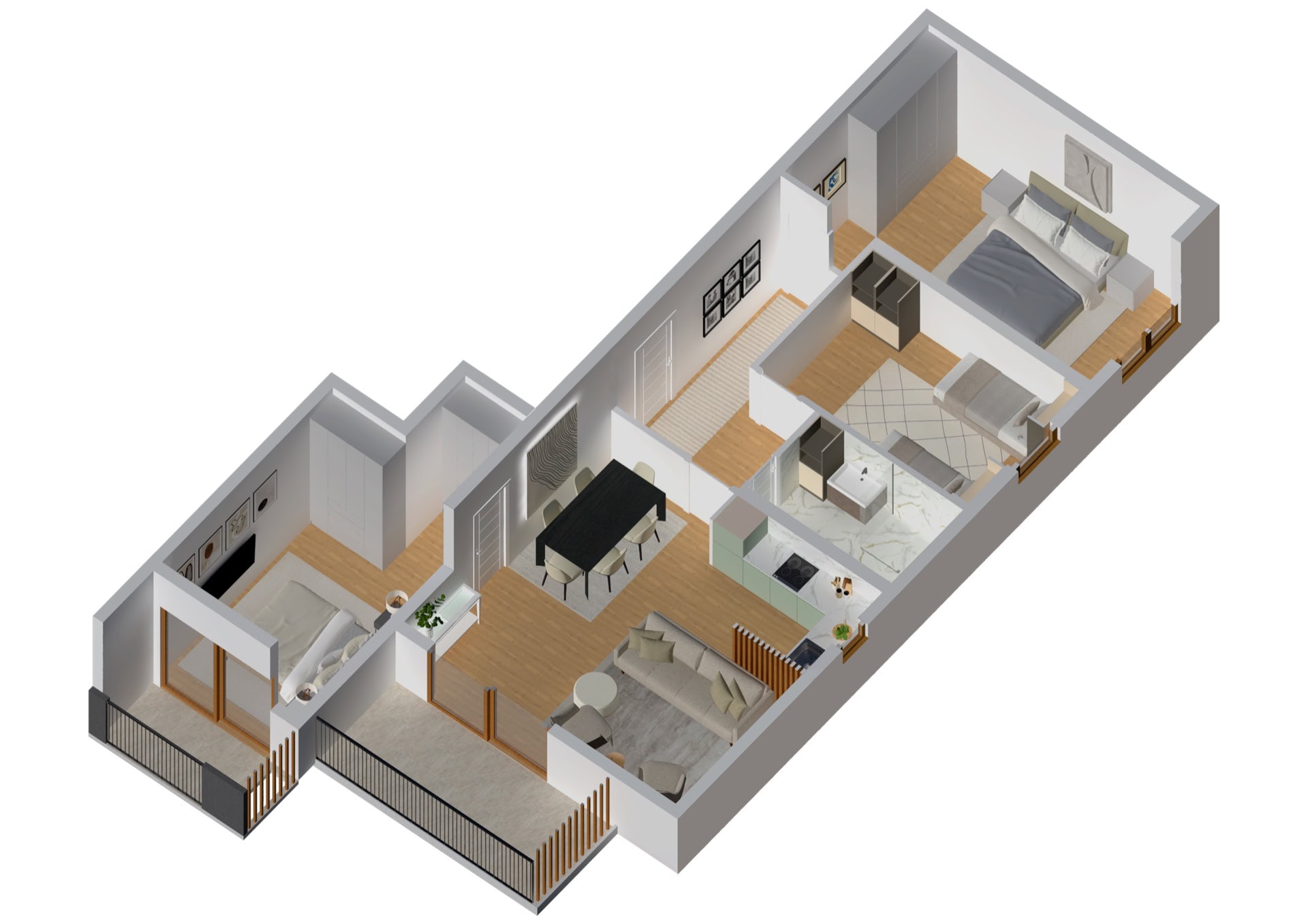 3D floor plan of an apartment in Tivat, Montenegro: two bedrooms, a living room with kitchen, dining area, and a furnished terrace.