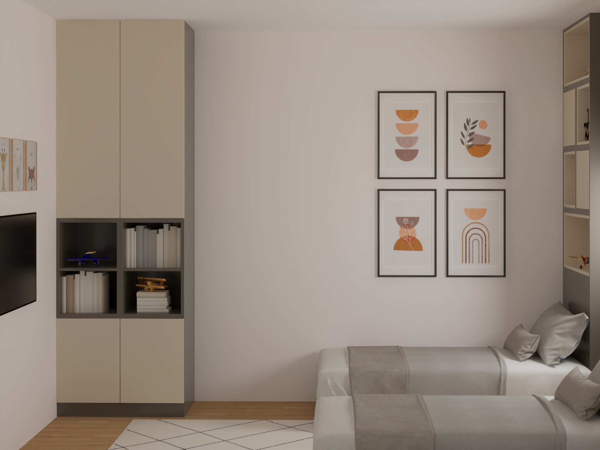 Modern children's bedroom with two beds and built-in wardrobe in an apartment, Tivat, Montenegro.