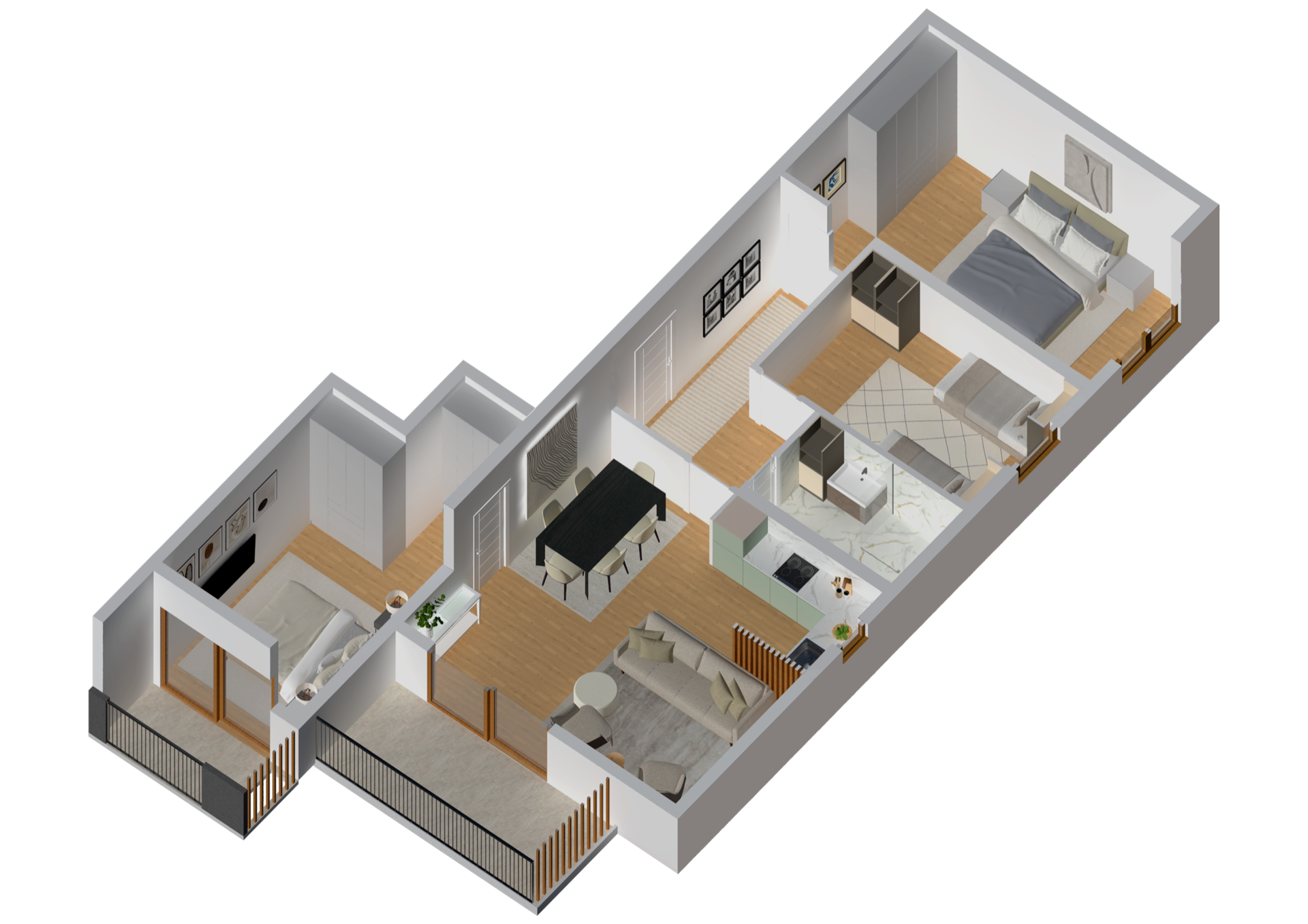 3D floor plan of an apartment in Tivat, Montenegro: two bedrooms, a living room with kitchen, dining area, and a spacious terrace.
