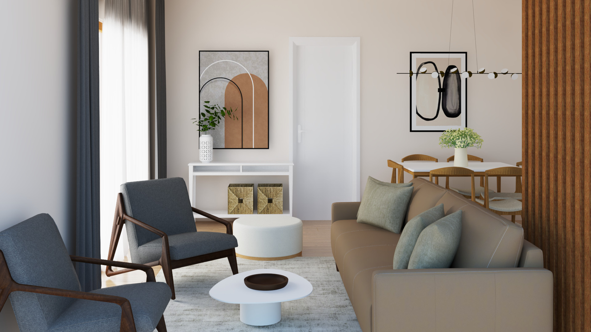 Modern living room in an apartment in Tivat, Montenegro: beige sofa, gray armchairs, dining area, and stylish decor.