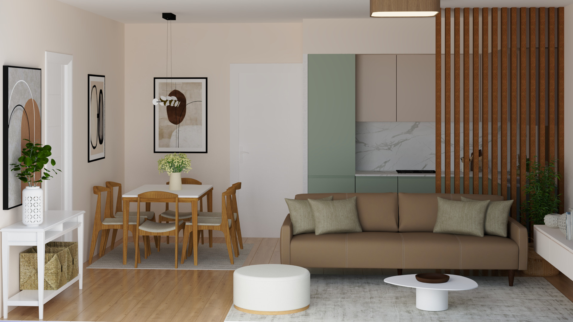 Modern living room with kitchen in an apartment in Tivat, Montenegro: beige sofa, dining area, and wooden slats.