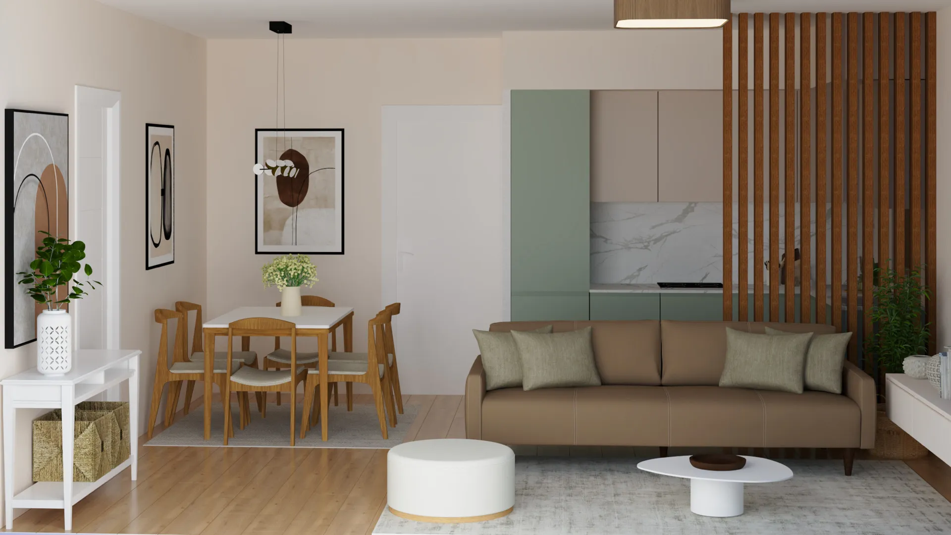 Modern living room with a beige sofa, wooden dining table, and open kitchen visible in the background.