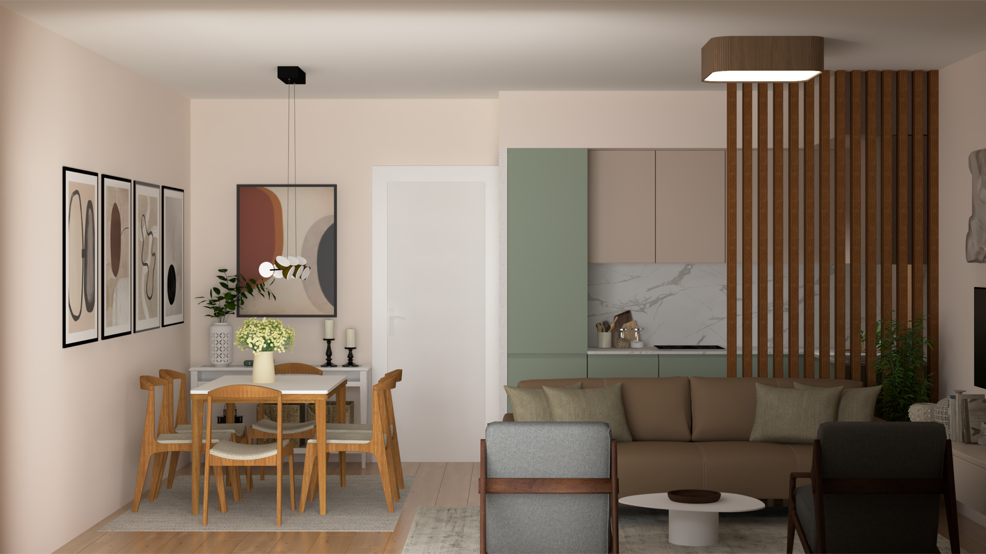 Modern living room with kitchen in an apartment in Tivat, Montenegro: dining area, soft sofa, and stylish partitions.