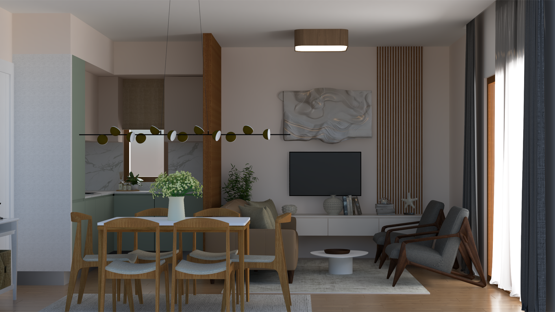 Modern living room with dining area in an apartment in Tivat, Montenegro: stylish furniture, decor, and panoramic windows.
